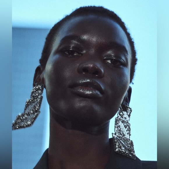 🌹NWT. Zara Long Metal Earrings with Mesh Details, Square Shapes and Rhinestones. - Picture 3 of 6